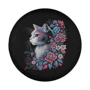 Red white blue floral cat illustration for patriotic spare tire cover design