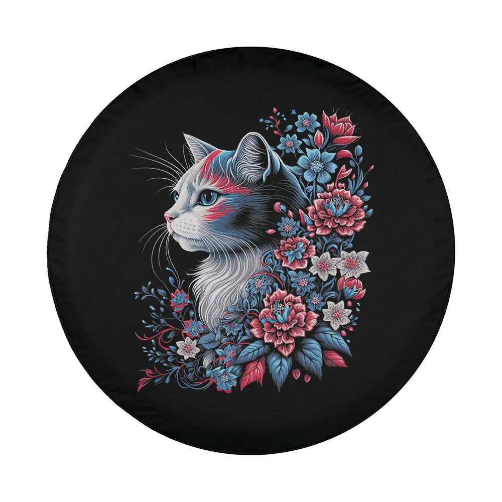Red white blue floral cat illustration for patriotic spare tire cover design