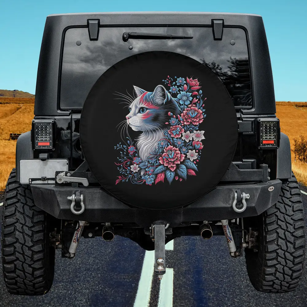 Red white blue floral cat patriotic spare tire cover with no camera hole on Jeep
