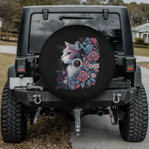 Red white blue floral cat patriotic spare tire cover with backup camera hole for SUV
