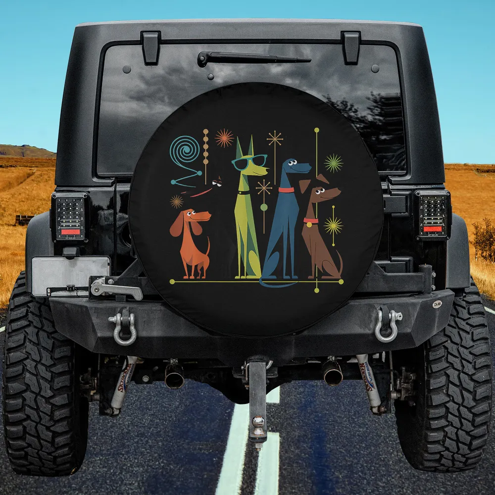 Retro atomic starburst sunglasses dogs spare tire cover with 50s 60s style for Jeep or SUV, no camera hole