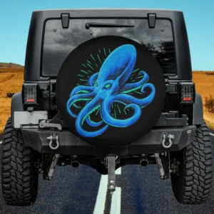 Retro blue octopus silhouette vintage spare tire cover with bold blue lines on Jeep