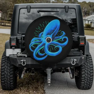 Retro blue octopus silhouette vintage spare tire cover with backup camera hole option