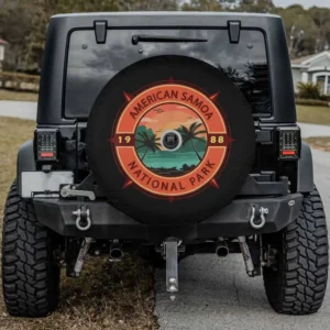 Retro compass palm trees American Samoa National Park spare tire cover with camera hole for Jeep