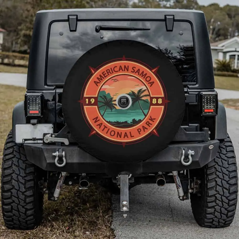 Retro compass palm trees American Samoa National Park spare tire cover with camera hole for Jeep