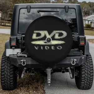 Retro DVD Video pixel logo nostalgia spare tire cover for utility trailer with backup camera hole