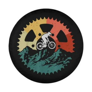 Retro gear mountain biker mountain landscape design art for spare tire cover