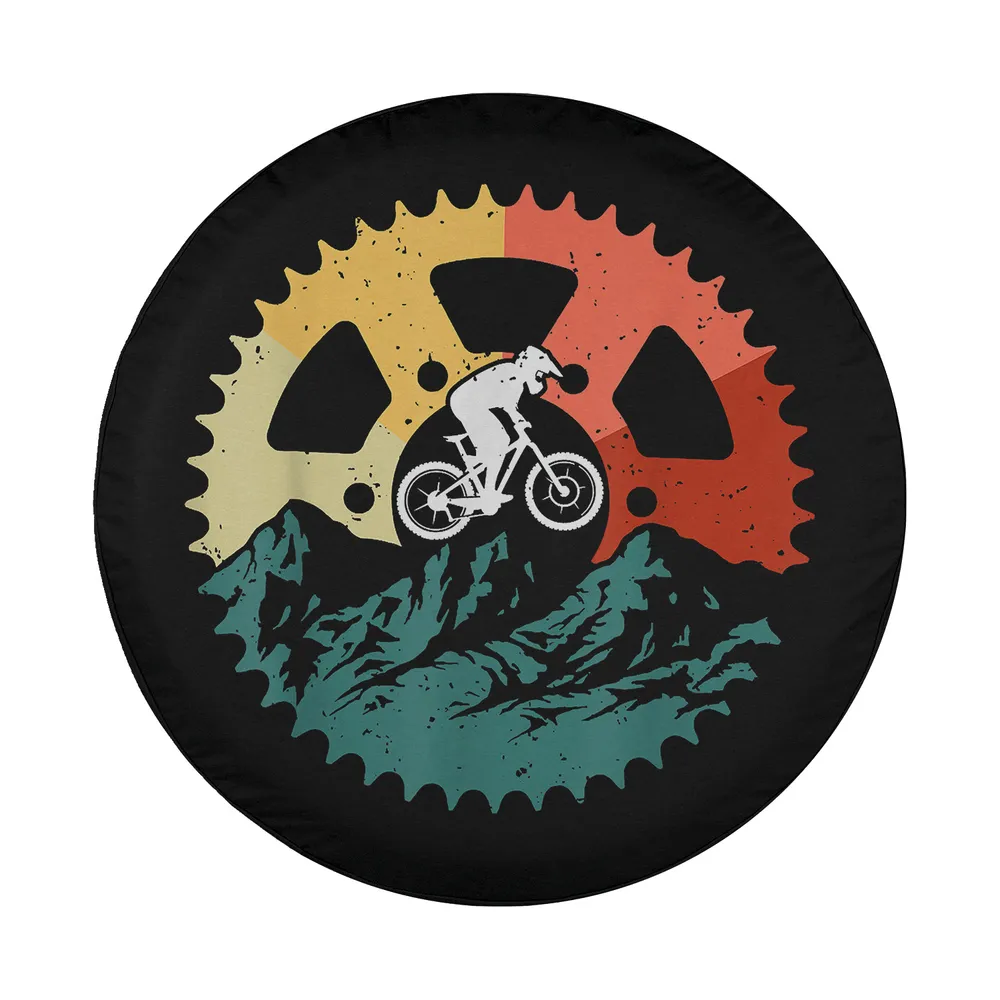 Retro gear mountain biker mountain landscape design art for spare tire cover