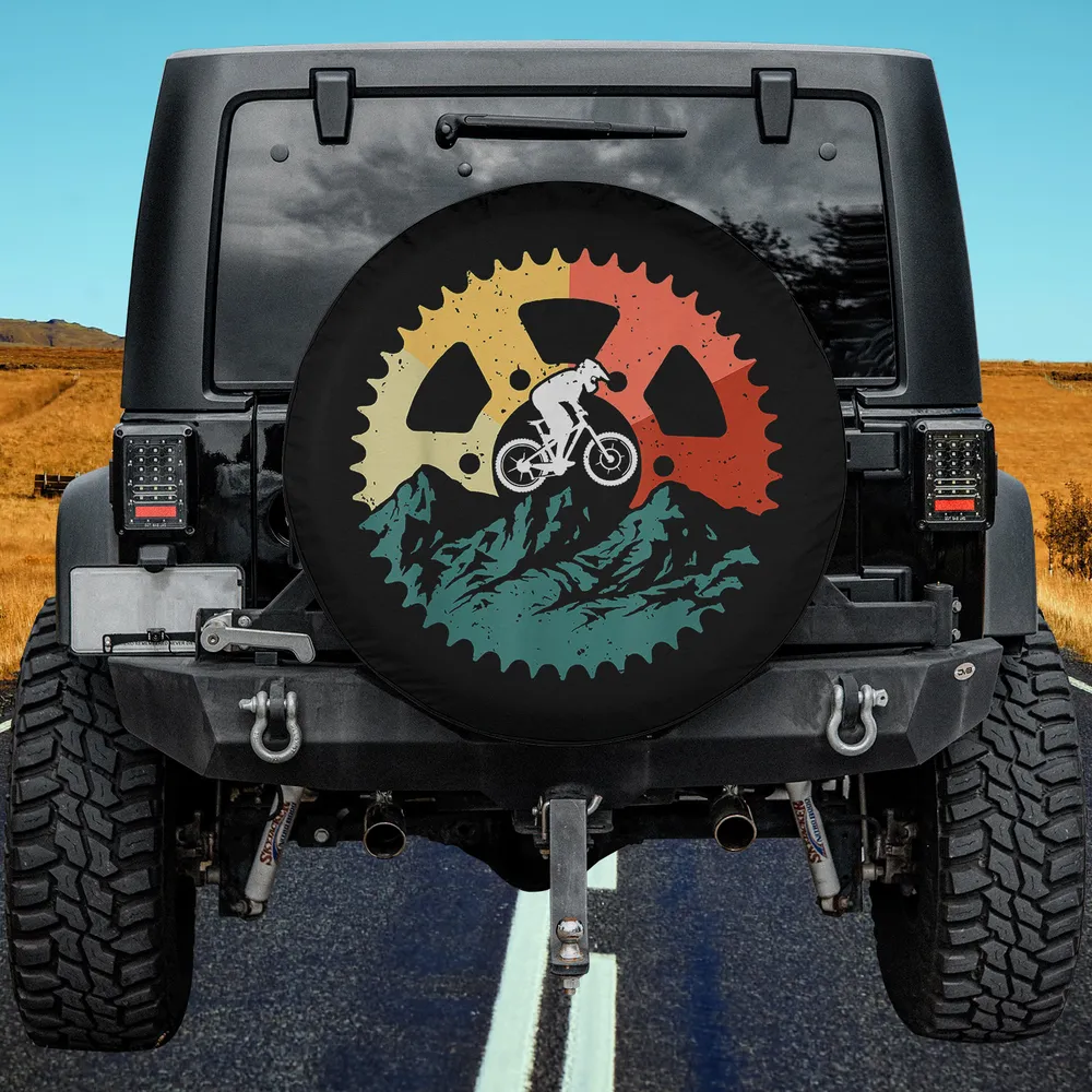 Retro gear mountain biker mountain landscape spare tire cover no camera hole for Jeep RV