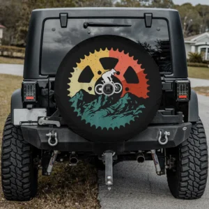 Retro gear mountain biker mountain landscape spare tire cover with camera hole for SUV RV