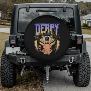 Retro metal band derpy cat with lightning bolts spare tire cover with camera hole