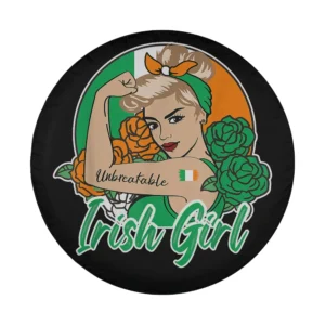 Irish Girl retro pinup with Ireland flag and roses St. Patrick's Day tire cover art
