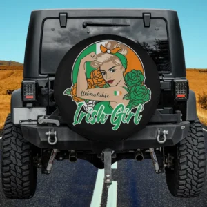 Retro pinup Irish girl flexing with Ireland flag and roses spare tire cover for Jeep or SUV, no camera hole