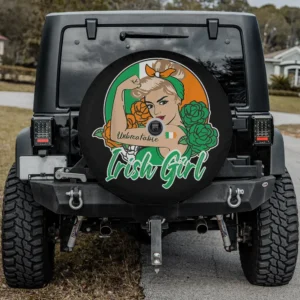 Retro pinup Irish girl Ireland flag spare tire cover with backup camera hole for Jeep SUV RV