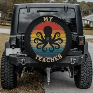 Retro rainbow stripes kraken silhouette octopus spare tire cover with backup camera hole for SUV