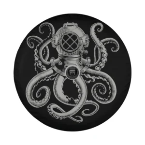 Octopus with retro scuba diver helmet line art design for spare tire cover