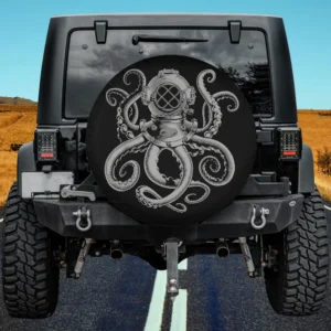 Retro scuba diver helmet octopus line art spare tire cover with no camera hole