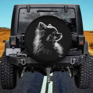 Retro silhouette Pomeranian graphic dog spare tire cover on Jeep with no camera hole