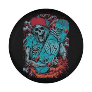 Design of retro skeleton skateboarder with red cap and skateboard for Halloween tire cover