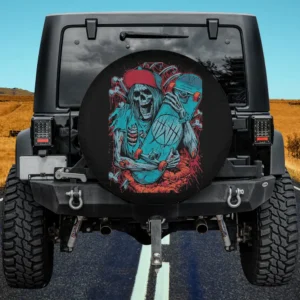 Retro Skeleton Skateboarder Red Cap Skateboard Spare Tire Cover No Camera Hole