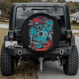 Halloween spare tire cover with retro skeleton skateboarder red cap skateboard and camera hole