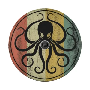 Distressed octopus sea monster on retro stripes spare tire cover design only
