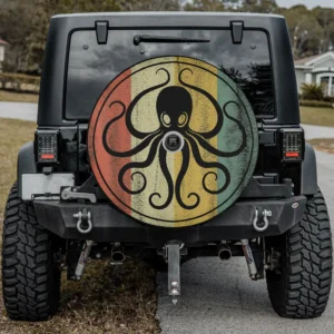 Retro stripes distressed octopus sea monster spare tire cover with backup camera hole for Jeep, SUV, RV