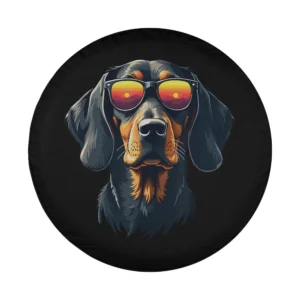 Digital illustration of coonhound dog with retro sunglasses and sunset reflection