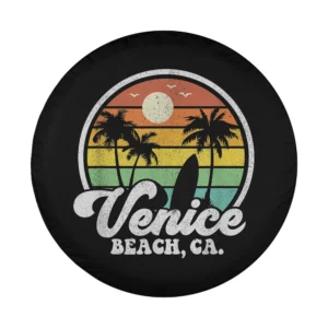 Distressed retro sunset palm trees surfboard Venice Beach California design for spare tire cover