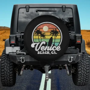Retro sunset palm trees surfboard Venice Beach spare tire cover with no camera hole on Jeep