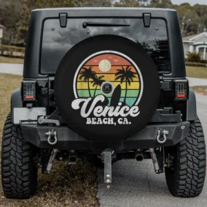 Retro sunset palm trees surfboard Venice Beach spare tire cover with camera hole for backup camera