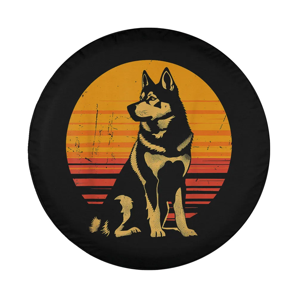 Vintage siberian husky dog with retro sunset stripes graphic for spare tire cover