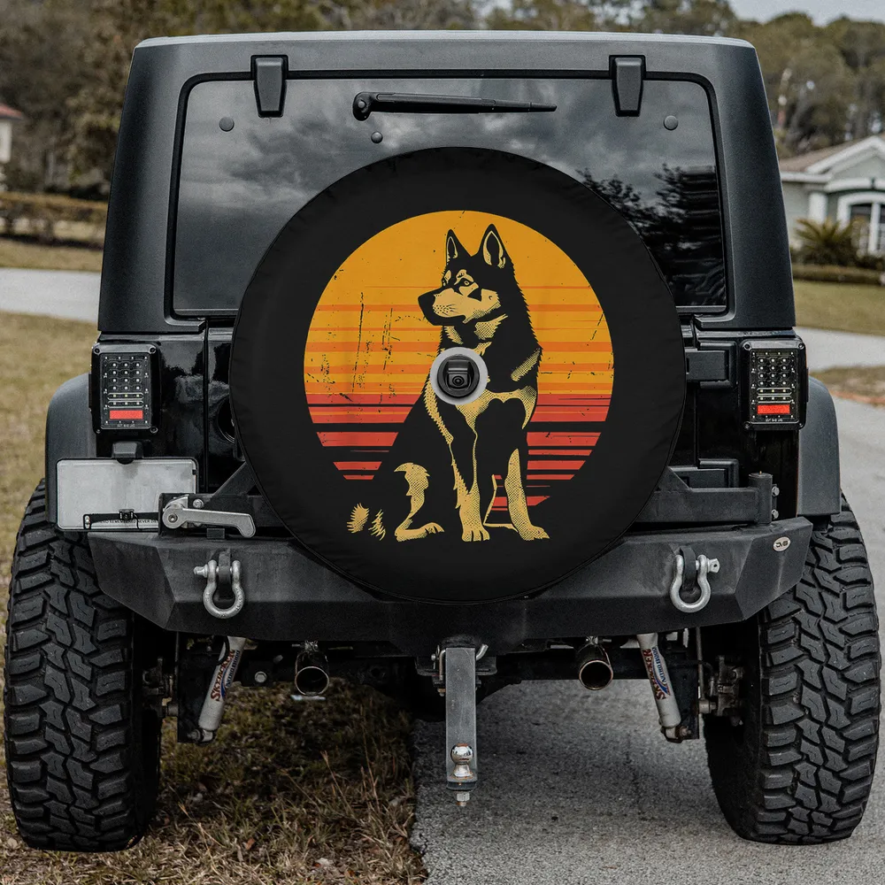 Retro sunset siberian husky vintage dog spare tire cover with camera hole for Jeep and RV
