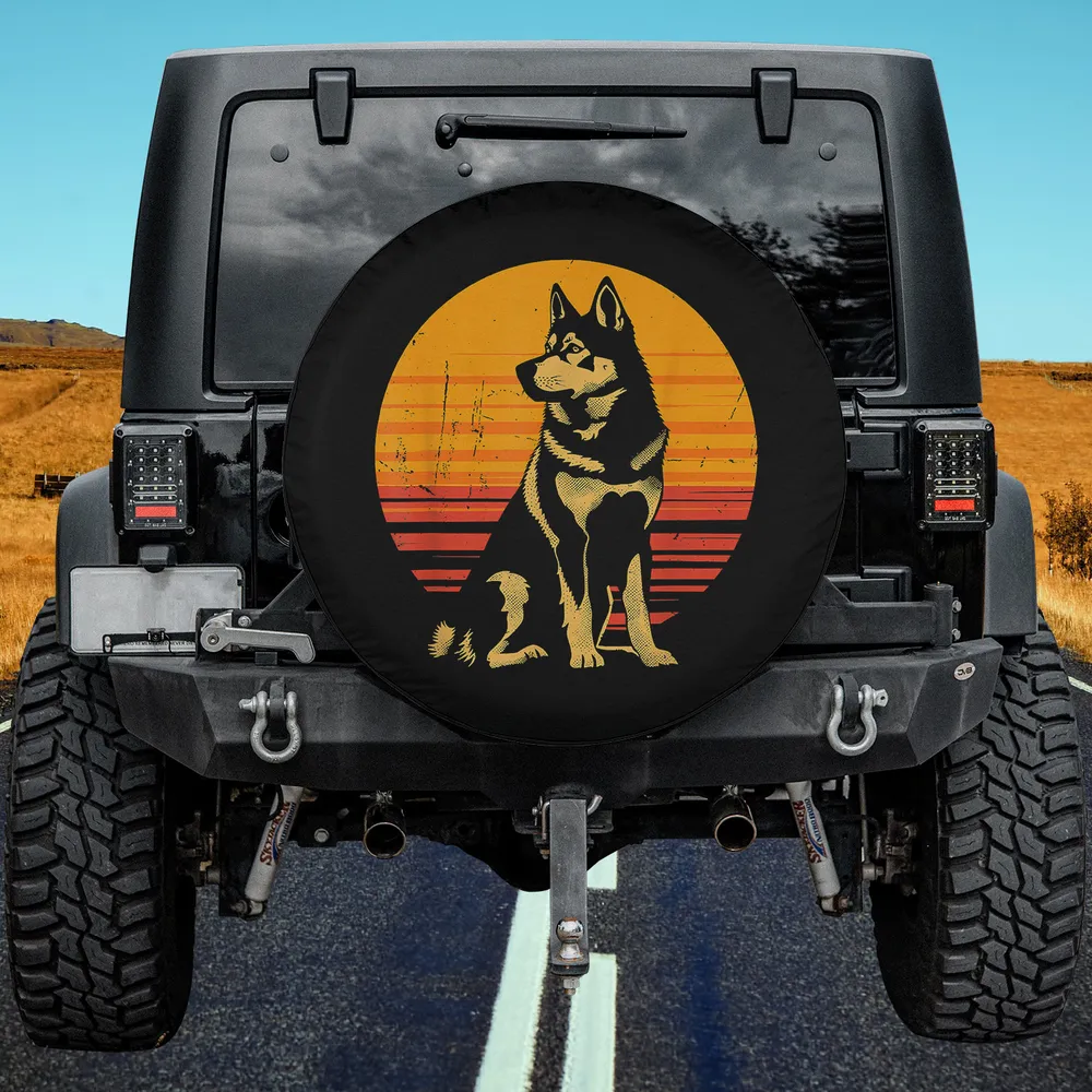 Retro sunset siberian husky vintage dog spare tire cover with orange striped sunset and husky illustration on Jeep