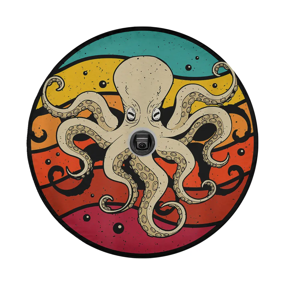 Bold octopus line art on retro sunset stripes spare tire cover design