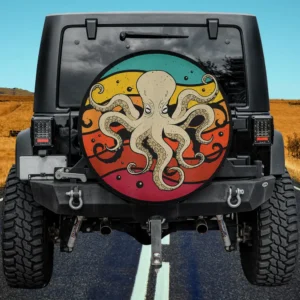 Retro sunset stripes octopus ocean animal spare tire cover with no camera hole for Jeep SUV RV