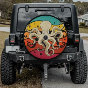 Retro sunset stripes octopus ocean animal spare tire cover with backup camera hole for Jeep SUV RV