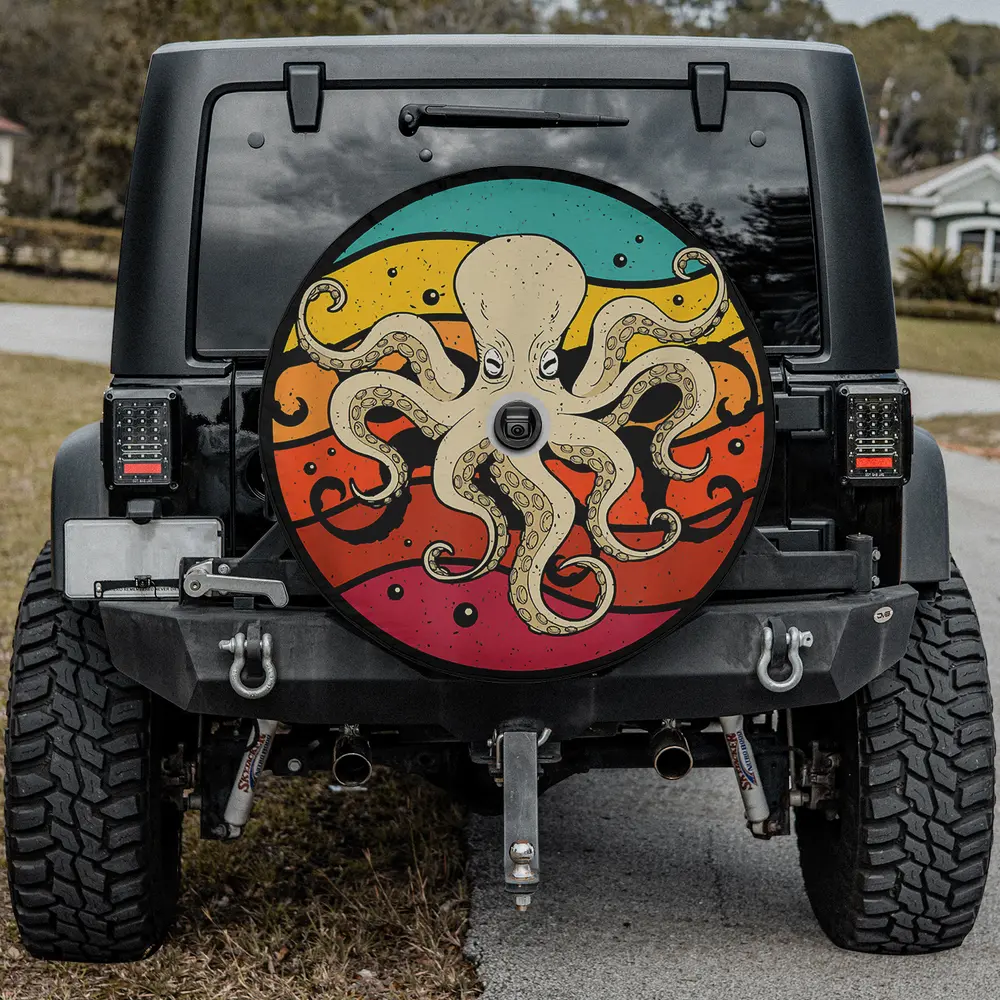 Retro sunset stripes octopus ocean animal spare tire cover with backup camera hole for Jeep SUV RV
