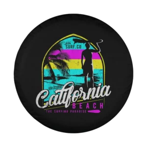California beach surfboard and sunset stripes spare tire cover design art