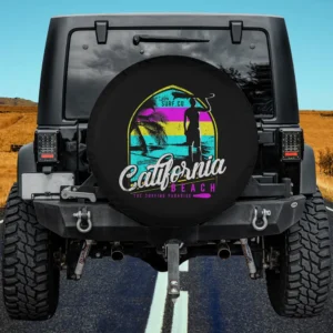 Retro sunset stripes surfer California beach spare tire cover with palm tree and surfboard, no camera hole