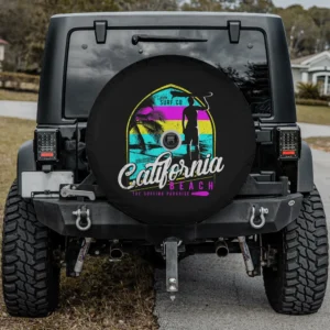Retro sunset stripes surfer California beach spare tire cover for RV with backup camera hole