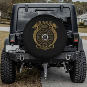 Retro Viking Runes Norse Compass Valhalla spare tire cover with gold dragons and runic compass, with camera hole