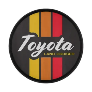 Design of retro yellow orange stripe round logo spare tire cover for Land Cruiser