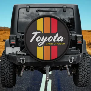 Retro yellow orange stripe round logo spare tire cover on Land Cruiser with no camera hole
