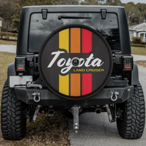 Retro yellow orange stripe round logo spare tire cover for Land Cruiser with camera hole