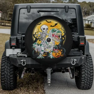 rex skeleton mummy halloween spare tire cover on Jeep with camera hole