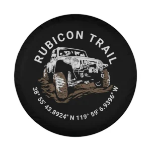 Rubicon Trail GPS coordinates and Jeep illustration design for custom spare tire cover