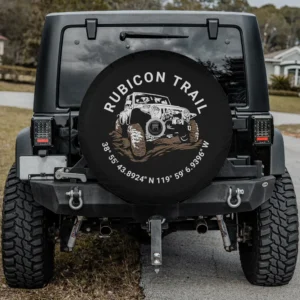 Rubicon Trail GPS coordinates Jeep illustration spare tire cover with backup camera hole for SUV and trailer