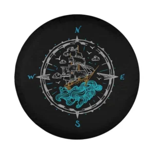 Nautical spare tire cover design with sailing boat and compass rose illustration