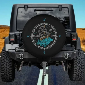 Sailing boat compass rose nautical spare tire cover with ship and waves, no camera hole